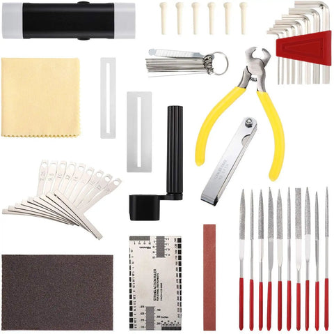 44 Piece Guitar Repair Tool Kit With Stainless Steel Setup Tools including pliers, hex wrench, ruler, grinding sponge.