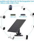2 Pack Outdoor Solar Panel For Security Cameras With USB And USB C Charger IP65 Waterproof 360 Degree Adjustable Mount showing compatibility