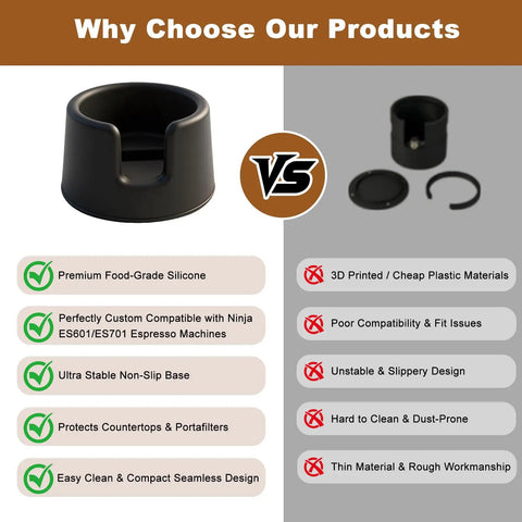 Heavy Duty Silicone Portafilter Holder Precise Custom Fit Compatible With Ninja ES601 ES701 And Luxe Cafe Espresso Machines image showing features and comparison.