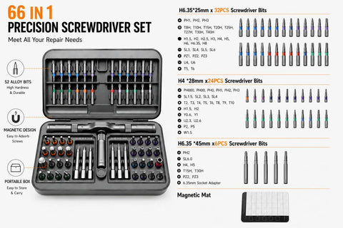 Hella Versatile 66 Piece Magnetic Ratcheting Screwdriver Kit With Detachable Handle And Precision Bits For Smartphone Laptop Repair Includes Secure Magnetic Mat - organized bits in portable case.