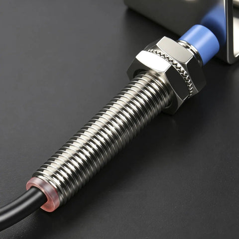 Close-up of Inductive Proximity Sensor Switch M8 5V DC, 200mA Output, NPN Normally Open, with cable and metal detection components