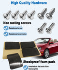 Front License Plate Mounting Kit with high-quality screws and shockproof foam pads for no-drill bumper install displayed next to red car.