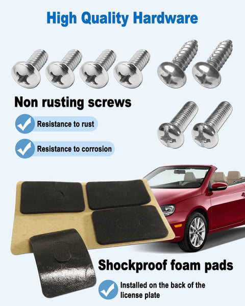 Front License Plate Mounting Kit with high-quality screws and shockproof foam pads for no-drill bumper install displayed next to red car.