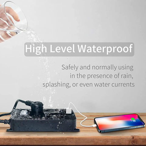 Weatherproof Outdoor Power Strip With Four Outlets And Three USB Ports, Six Foot Extension Cord, shown under running water