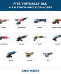 Angle grinder brand collage with 11 models (Ridgid, Milwaukee, Kobalt, Black & Decker, Craftsman, Metabo, Ryobi, Makita, Bosch, Dewalt, Skil)