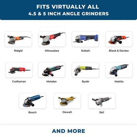 Angle grinder brand collage with 11 models (Ridgid, Milwaukee, Kobalt, Black & Decker, Craftsman, Metabo, Ryobi, Makita, Bosch, Dewalt, Skil)