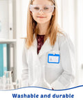 Child wearing 16 Piece Kid Friendly Lab Coat Costume Kit With White Coats Goggles ID Card Holders And Magnifiers For Science Play