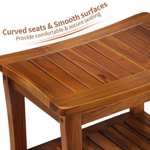 20 Inch Teak Shower Bench Waterproof Wooden Chair For Indoor Use With Shelf Non Slip Bath Stool For Bathroom Durable Shower Bench For Elderly Easy Assembly