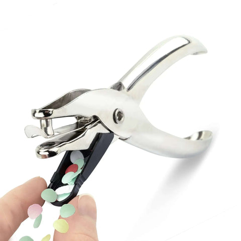 Three Pack Single Hole Punch Pliers Set With 10 Sheet Capacity, Silver Finish shown punching paper confetti