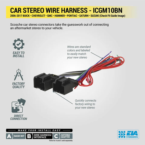 Car stereo wire harness for 2006-2017 GM Buick, Chevrolet, GMC, Hummer, Pontiac, Saturn, Suzuki models