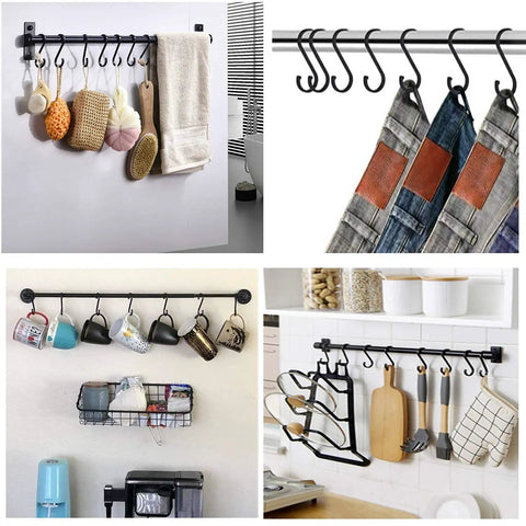 Heavy Duty S Shaped Hooks Matte Black 20 Pack for hanging towels, cups, and kitchen utensils in various home settings.