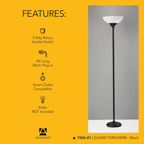 Black Torchiere Floor Lamp With Frosted White Shade, 300W Double Socket, 71-Inch Tall Modern Accent Lighting For Bedroom, Living Room, Or Home Office, Bright Uplight With A Clean, Sleek Vibe featuring features list and lamp next to gray wall