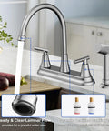 Swanky Two Handle Kitchen Faucet With Pull Out Side Sprayer And Tall High Rise Arc Finished In Brushed Nickel, showcasing dual handles and sprayer.