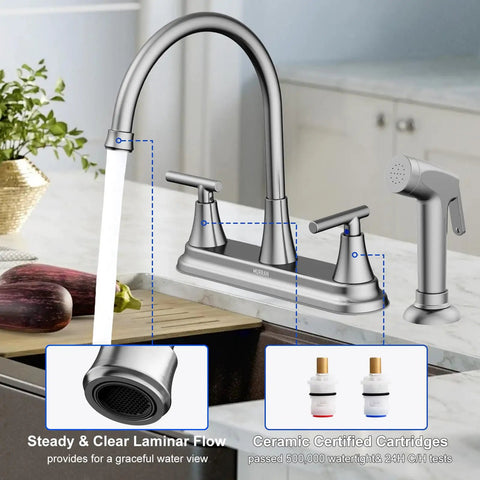Swanky Two Handle Kitchen Faucet With Pull Out Side Sprayer And Tall High Rise Arc Finished In Brushed Nickel, showcasing dual handles and sprayer.