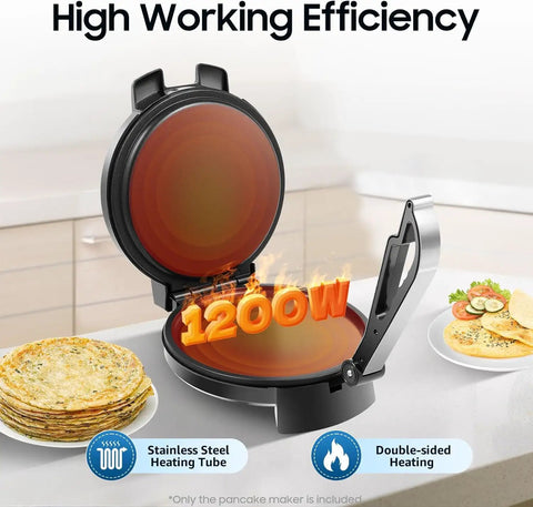 1200W Electric Roti Maker Automatically Presses Chapati Naan And Tortillas Fast Flatbread Cooker with open lid showcasing non-stick plates.
