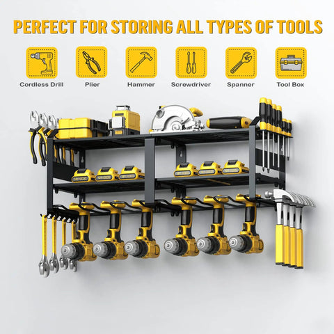 Heavy Duty Wall Mounted Tool Organizer Rack With Six Drill Holders And Four Hangers displaying various power tools on garage grade metal shelf