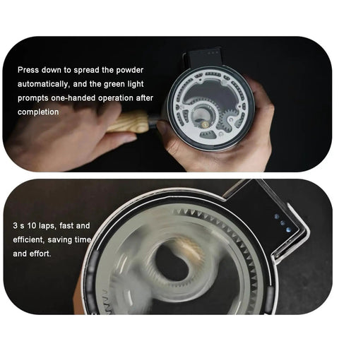Smooth Operator 58Mm Handheld Coffee Stirrer With Adjustable Espresso Needle Distributor, showing gear mechanism in action.