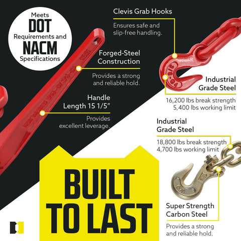 Four Pack Twenty Foot Five Sixteenth Inch Grade 70 Chain With Load Binder Sets Heavy Duty Ratcheting Chain Binders 4700 Lb Working Load Limit Built For Truckers And Gearheads On The Go diagram with hooks