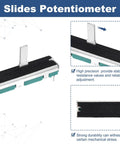 Close-up of Four Pack Straight Dual Linear Slide Potentiometers 8 Pin A10K 75mm Long with metal body and handles.