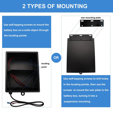 Rock Solid Steel Battery Enclosure For Automatic Gates showing two mounting options with wiring and rear plate details.