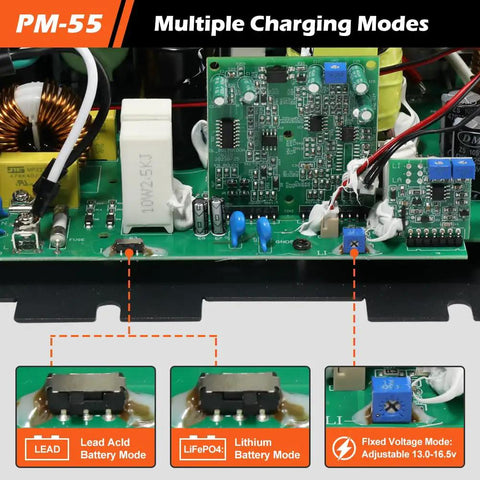 Bad Boy 55 Amp RV Power Converter circuit board with multiple charging modes for 110 Volt AC to 12 Volt DC operation.