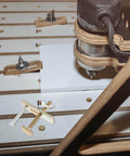 Engraving Machine Clamps For Woodworking Heavy Duty Hold Down Clamps Two Sets 80mm Aluminum Bow Plate Router Workholding Fixtures For CNC Router Table Pro Grade Kit shown in use on a CNC router table, securing a wooden panel.