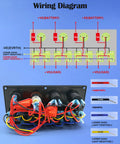 Wiring diagram with Red 8 Gang Rocker Switch Panel connections and labels for marine and automotive use