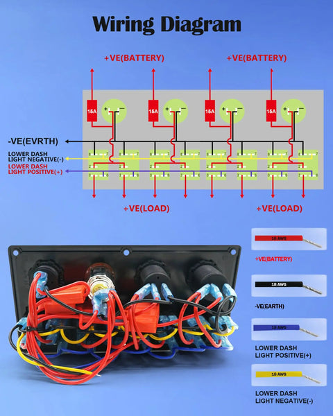 Wiring diagram with Red 8 Gang Rocker Switch Panel connections and labels for marine and automotive use