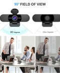 Top Rated Full Hd Webcam Equipped With Dual Noise Canceling Mics And Sliding Privacy Cover showing 90-degree field of view in a meeting.