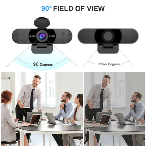 Top Rated Full Hd Webcam Equipped With Dual Noise Canceling Mics And Sliding Privacy Cover showing 90-degree field of view in a meeting.