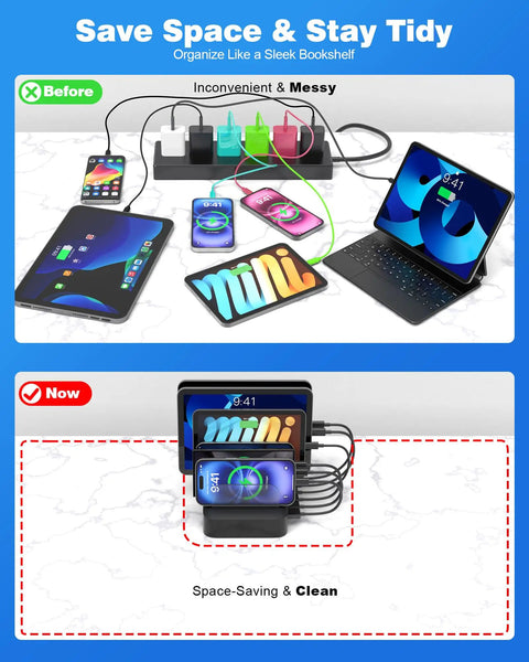 Comparison of messy vs. tidy desk with 6 Port USB Charging Station Organizer For Multiple Devices With 6 Cables All In One Fast Charging Dock