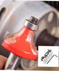 Close-up of router bit with Top Mounted Bearing Guide Kit For Router Bits With Replacement Bearings Screws And Wrench in use