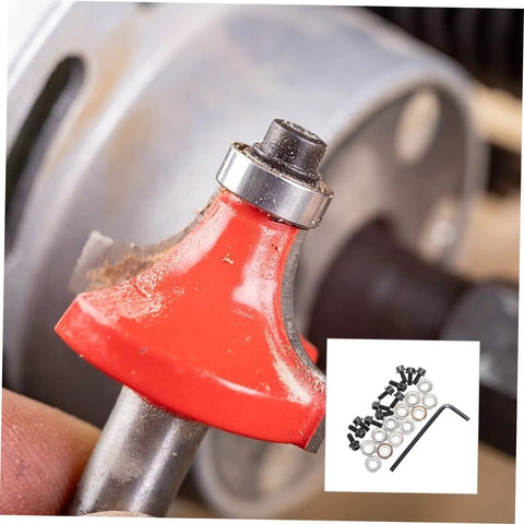 Close-up of router bit with Top Mounted Bearing Guide Kit For Router Bits With Replacement Bearings Screws And Wrench in use