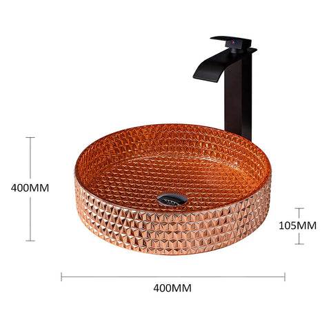 USZWBY Bathroom Vessel Sink Vanity Glass Vessel Bowl Sink Cylindrical Countertop Sink Bowl Above Counter Sink Art Basin with Waterfall Faucet and Pop Up Drain,Gold in geometric design with modern black faucet.