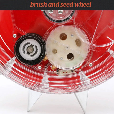 Close-up of the brush and seed wheel in Manual Garden Seeder With Large 16L Seed Capacity, No-Fuss Hand Push Roller Planter