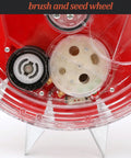 Close-up of Garden Roller Seeder Manual Planter with transparent brush and seed wheel mechanism for precise planting.