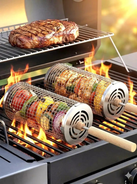 Nesting Stainless Steel Grill Basket Set 2 Pieces for Veggies Shrimp Fish and Meat with Rotating Outdoor BBQ Grilling