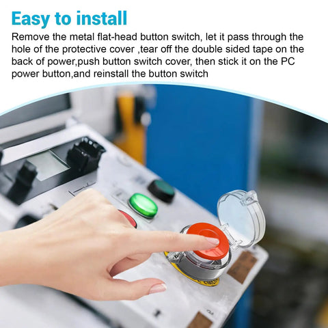 Hand using No Nonsense Emergency Stop Button Lockout Covers 4 Pack Round Transparent Push Button Protectors with Adhesive for 30mm hole fit