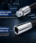 3 Pack 1/2 Inch Drive Flexible Shaft Extension, Universal Bending Torque Socket Rod, clutch flex reach for tight spots, close-up of ball detent and chamfered sleeve.