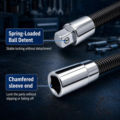 3 Pack 1/2 Inch Drive Flexible Shaft Extension, Universal Bending Torque Socket Rod, clutch flex reach for tight spots, close-up of ball detent and chamfered sleeve.