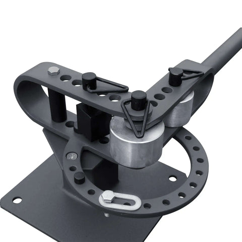 Compact Bench Top Metal Bender With 7 Dies, Pro Grade Heavy Duty Machine, shown with telescoping handle and dies in place