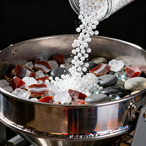 Pouring 8 Pound Ceramic Tumbling Media Balls For Rock Tumblers Reusable White Alumina Pellets Three Tenths Inch Diameter into tumbler