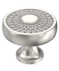 Kick Up Your Cabinet Game With These Premium Brushed Satin Nickel Round Knobs, 10 Pack, Showcasing Delicate Filigree Cutouts For Instant Room Glow And Super Comfortable Daily Handles - Close-up view of decorative cabinet knob.