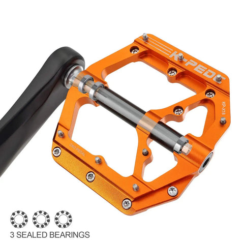 Orange Aluminum Alloy 6061 CNC Machined MTB Pedal 9 Sixteenth Inch Wide Platform with CrMo Steel Axle and Three Bearings