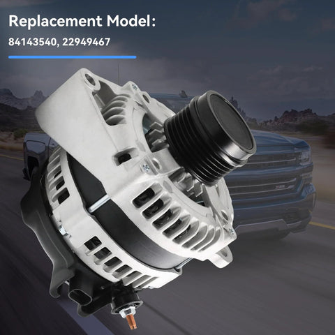 Beefed Up 170A High Output Alternator Fits 2014-2018 Silverado 1500 And Sierra 1500, 2015-2020 Suburban Tahoe Yukon And Cadillac Escalade With 4.3L 5.3L 6.2L Engines OE Replacement 84143540 22949467 1042106870 shown with truck in background.