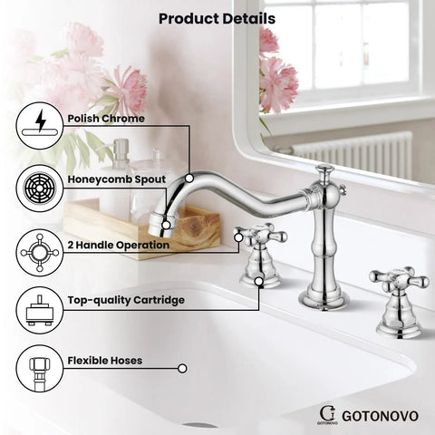 Dope Vintage Chrome 8 Inch Widespread Bathroom Faucet With Two Cross Handles, shown with polish chrome finish and features