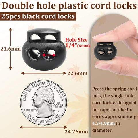 25 Pack Plastic Cord Locks Spring Loaded End Stopper Fasteners For Paracord Drawstrings Lanyards Shoelaces Bungee Ropes And More Must Have Heavy Duty Double Hole Toggle Clip Black, 22.6mm