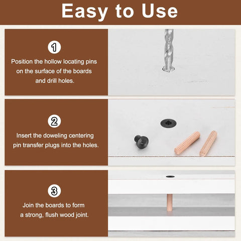 Step-by-step use of 16 Piece Handy Hollow Dowel Center Pins Set For Woodworking Transfer Plugs For Precise Hole Transfer and Alignment