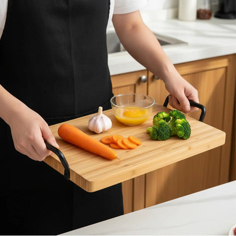 Person holding a bamboo serving tray with Heavy Duty Matte Black Iron Pulls For Cutting Boards And Serving Trays 8 Pack cabinet hardware.
