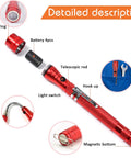 Magnetic Flashlight Pickup Tool With LED Telescoping Magnet Gadget in red showing components and features for DIY use.